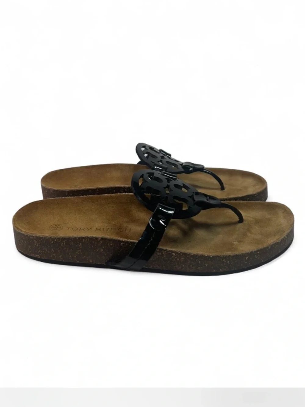 Tory Burch Miller Cloud Sandal in the Perfect Black / Natural colorway. Sz 9